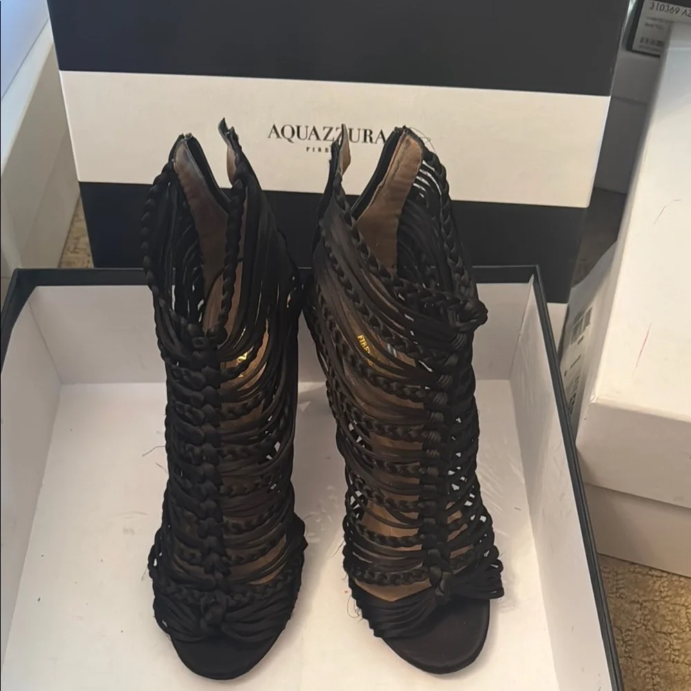 Aquazzura Goddess Sandal Black Satin Stiletto Heels with Strappy Design - Picture 2 of 4